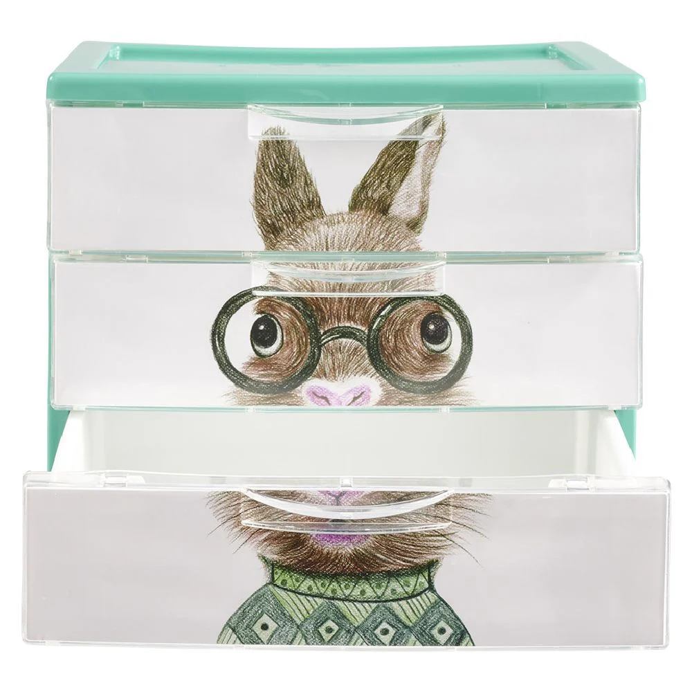 Boîte bloc 3 tiroirs plastique décor animal H15,5 cm