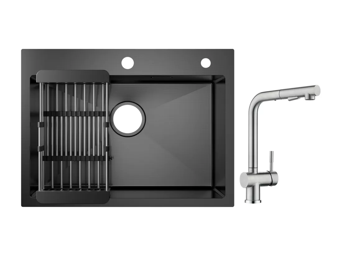 Cecipa max Évier 1 Bac Inox avec Panier de Drainage - Évier de Cuisine Noir 60×45×18 cm + Robinet avec Douchette Mitigeur d'évier Extractible Brossé