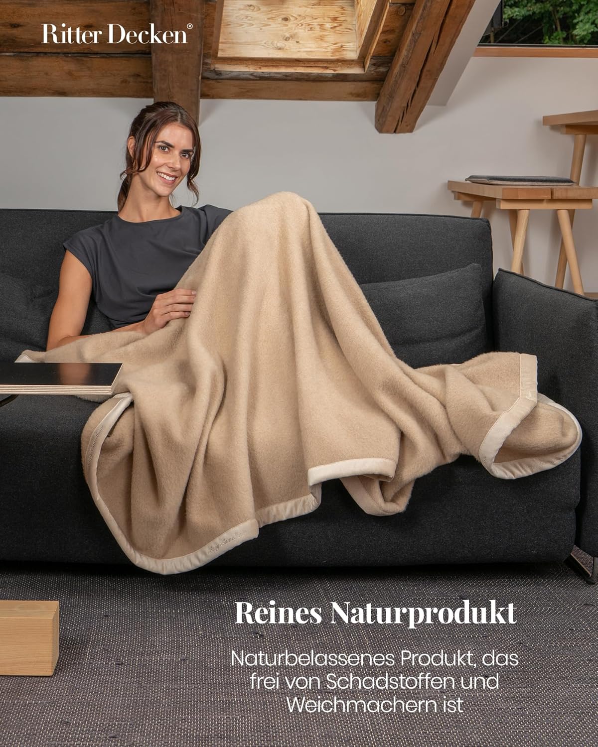 Ritter Decken® Maharani Kamelhaar-Decke 150x220cm | 100% Reines Kamelhaar | Naturbelassen | Temperatuausgleichend | Ideale Tagesdecke | Cremefarben