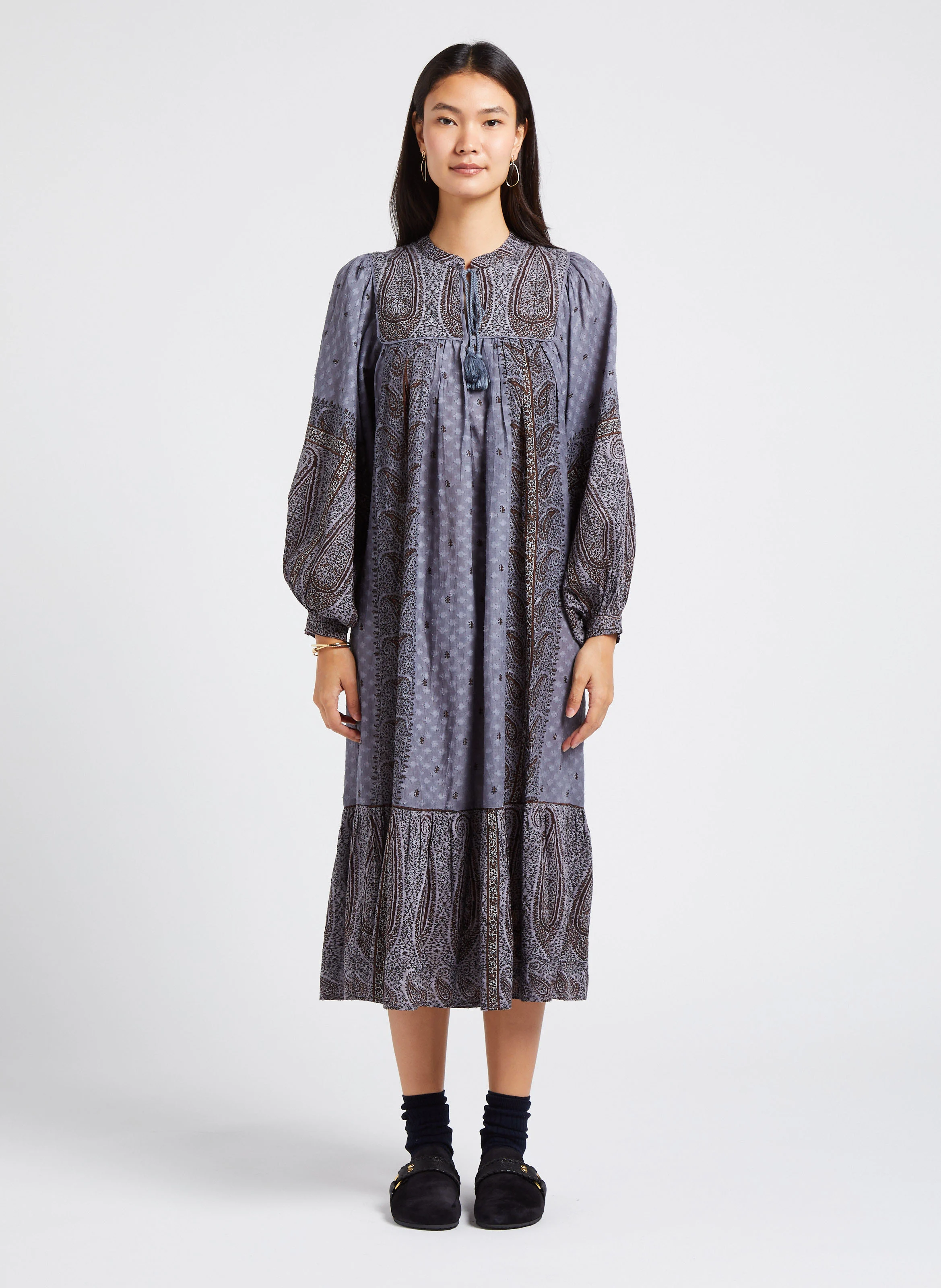 HIDA - Robe mi-longue col tunisien imprimée en coton | Gris