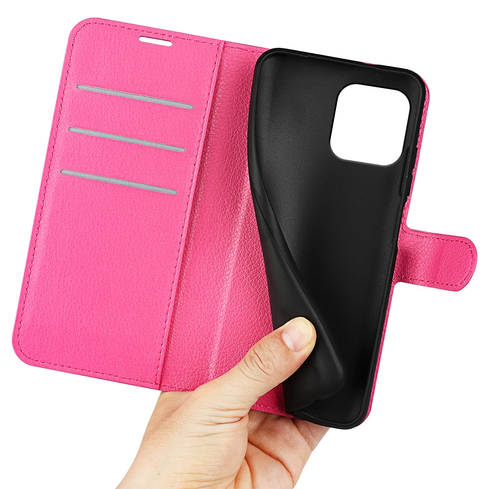 iPhone 15 Leder Tasche Flip Cover Litchi Look - Pink