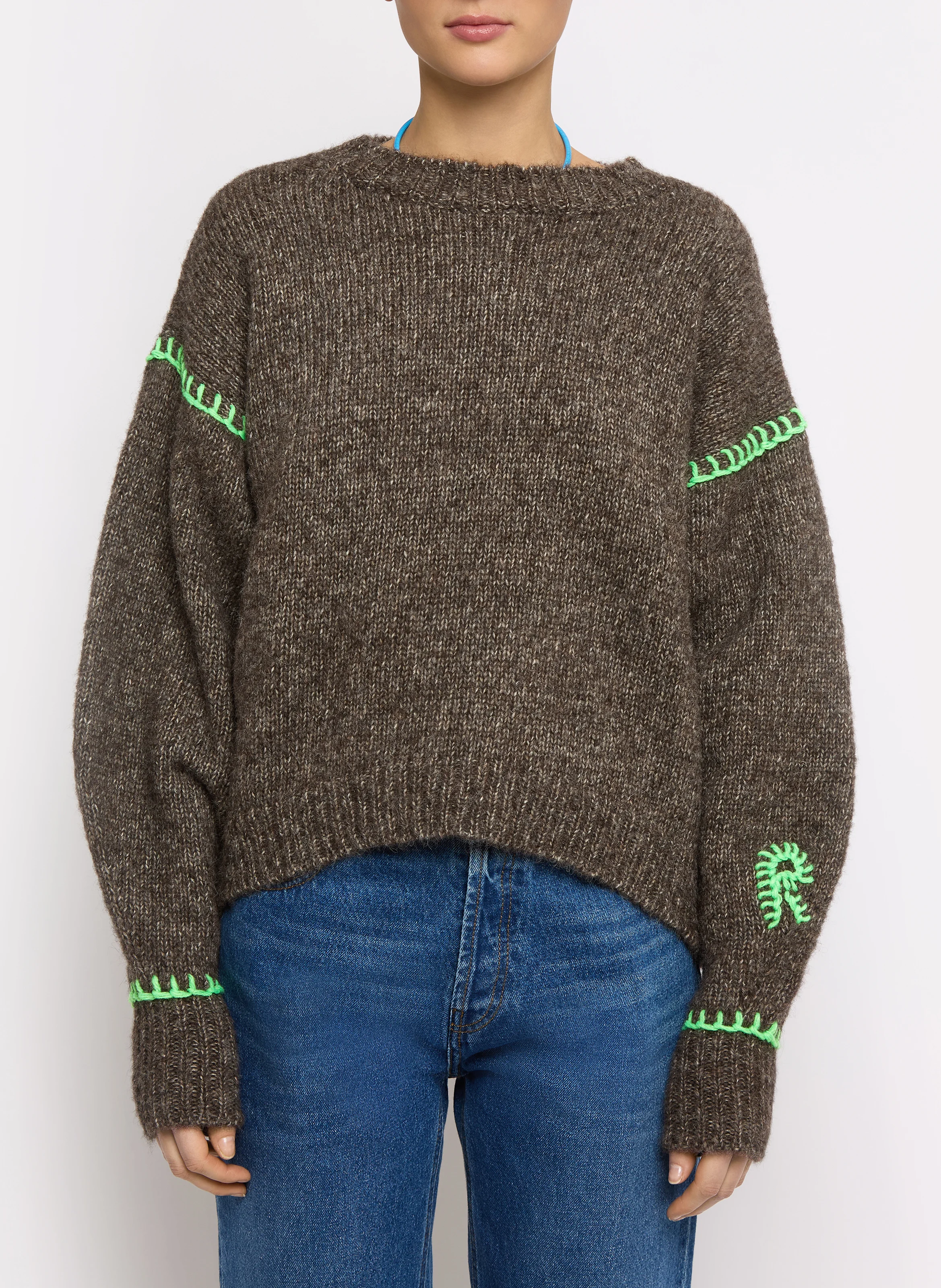 BIRD - Pull ample brodé en laine et coton | Marron