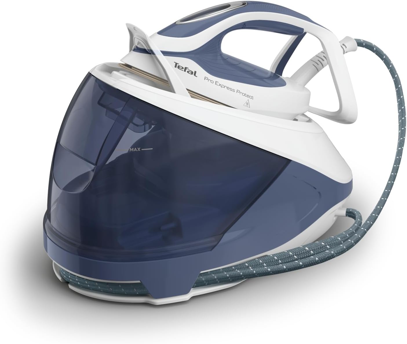 Tefal Pro Express Protect Dampfbügelstation, 7,6 Bar Dampfdruck, variable Dampfmenge: 140 g/Min., Dampfstoß: 550 g/Min., Anti-Kalk-Kollektor, vertikale Dampffunktion, blaugrau/weiß, GV9225
