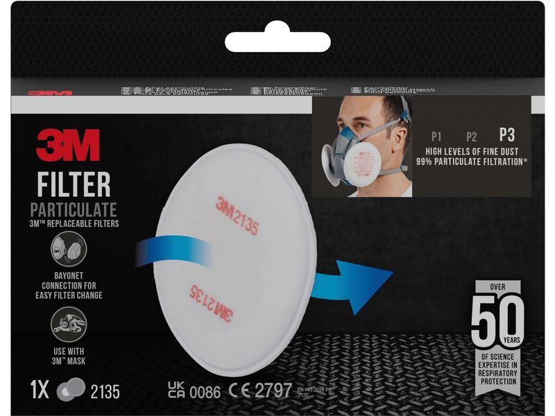 3M Ersatzfilter 2135 P3 für Serie 6000 & 7000, 1 Paar Feinstaubfilter rund P3 für Halb & Vollmaske Serie 6000 & 7000
