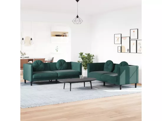 Ensemble de canapés 2 pièces avec coussins vert foncé velours