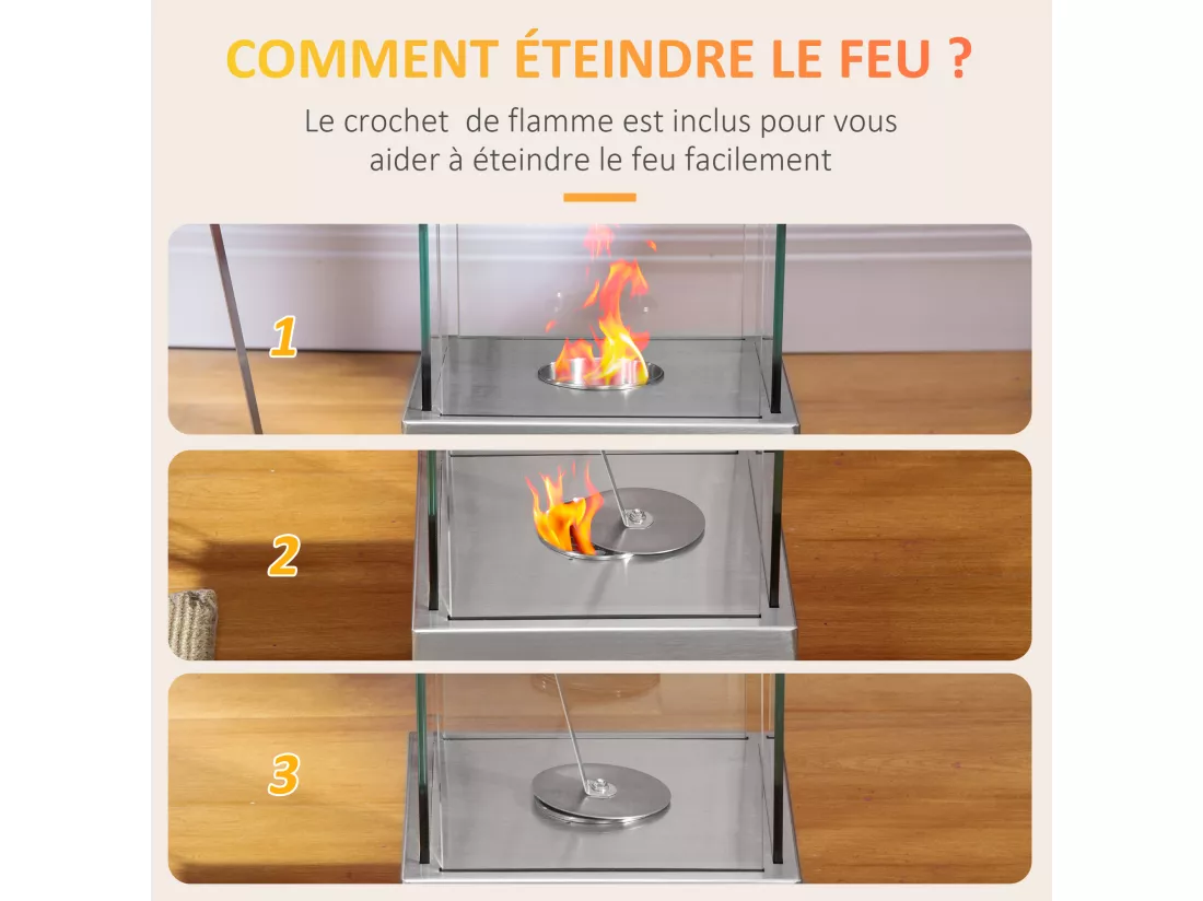 Cheminée portable à poser bioéthanol avec réservoir 0,4 L couverture 15 m² - dim. 25L x 25l x 60H cm