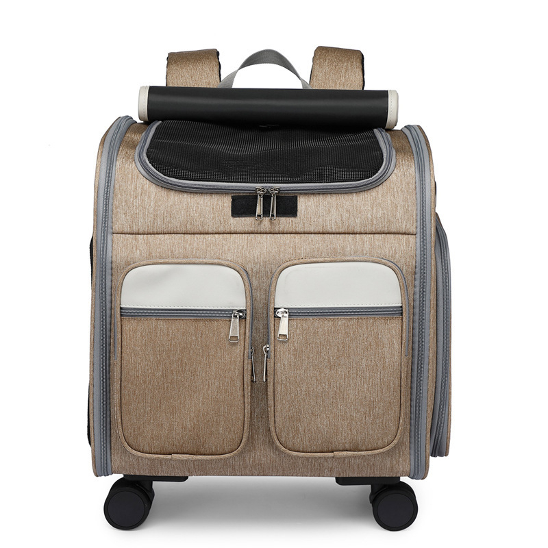 (43x30x41cm) Haustier Reise Trolley Transport Rucksack mit Rollen für Hunde / Katzen - Braun