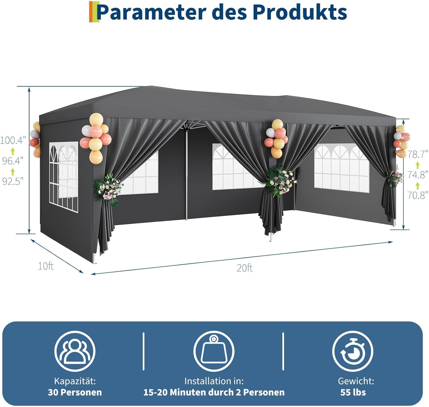 Heavy Duty Pavillon 3x6 m Mit 6 Abnehmbaren Seitenwänden, Easy Pop Up Kommerzielle Partyzelt, Große Außenüberdachungen Mit 3 Verstellbaren Höhen, Dunkelgrau, 210D