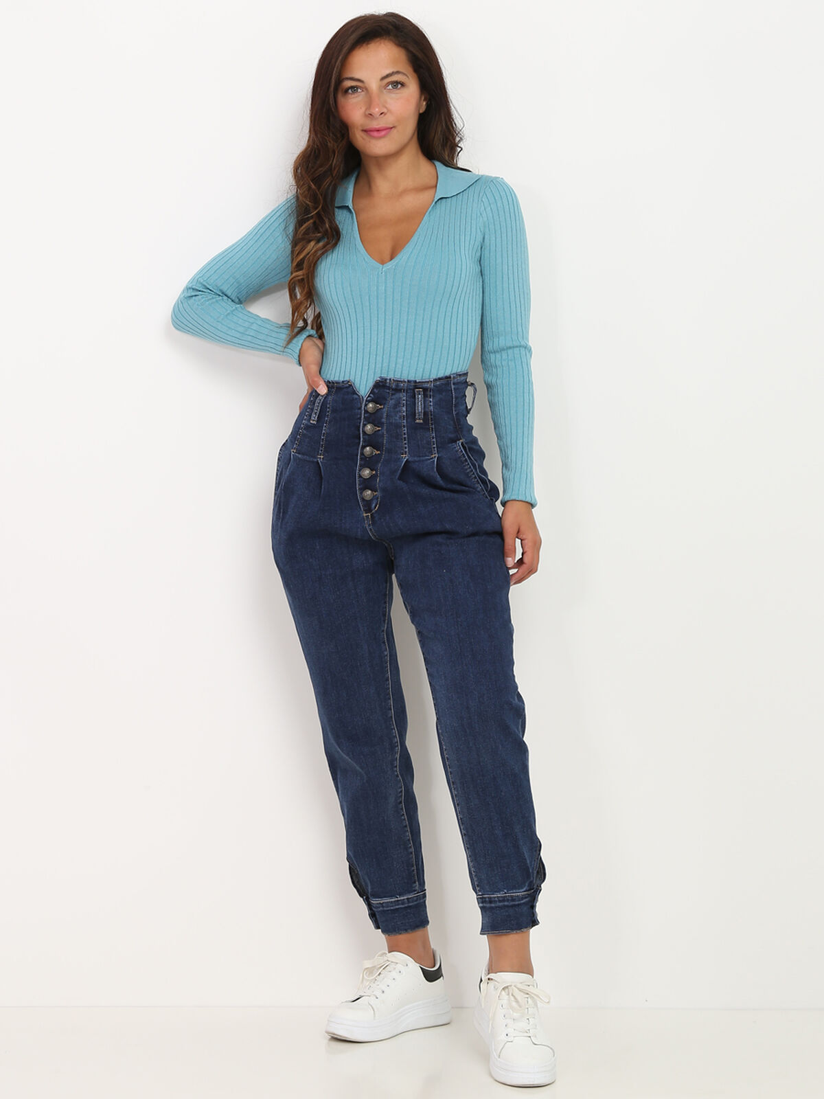 Jeans mom à détails corset- Bleu