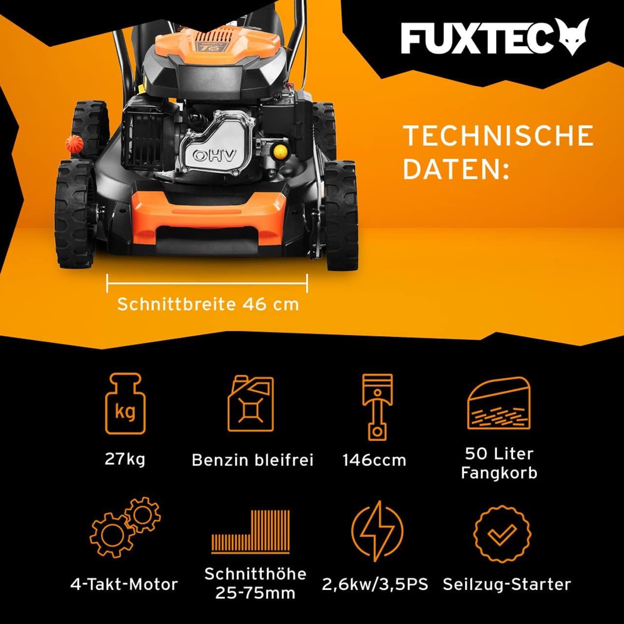 FUXTEC 3in1 Benzin Rasenmäher FX-RM4646ECO mit Frontbumper, leichtgewichtiger Gartenmäher mit Edge-Cut, 46 cm Schnittbreite, starker 4-Takt-Motor, Heckauswurf, Big Wheel Räder, 50L Grasfangkorb