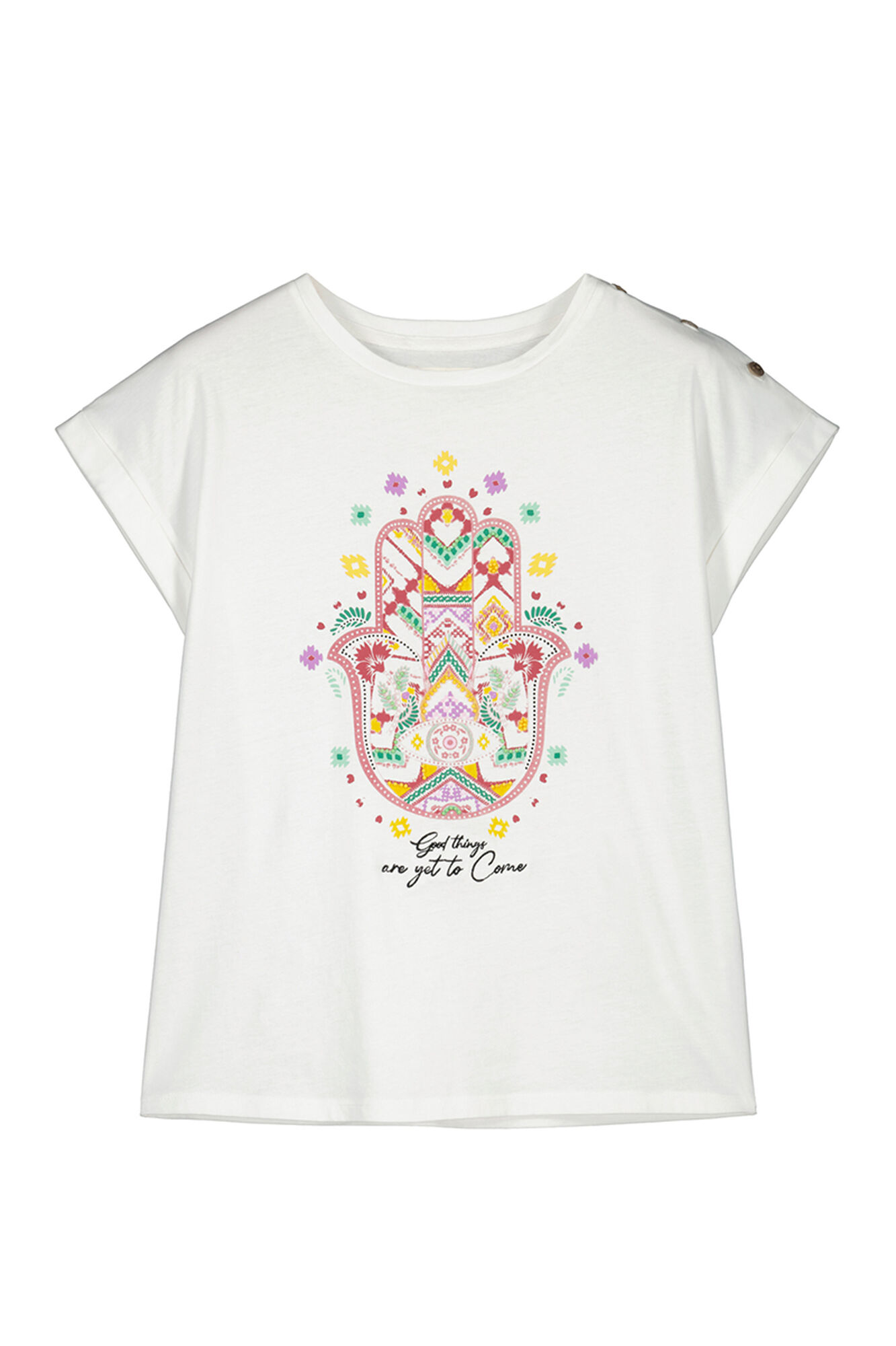 Camiseta com estampa da Mão de Fátima