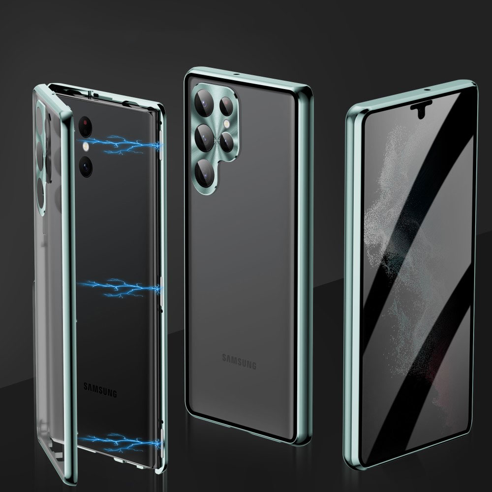 Samsung Galaxy S23 Ultra 5G Magnetische Alu Schutzhülle mit Panzer Glas Backcover   Privacy Display- / Kameraglasschutz (Verschlussmechanismus) - Gold