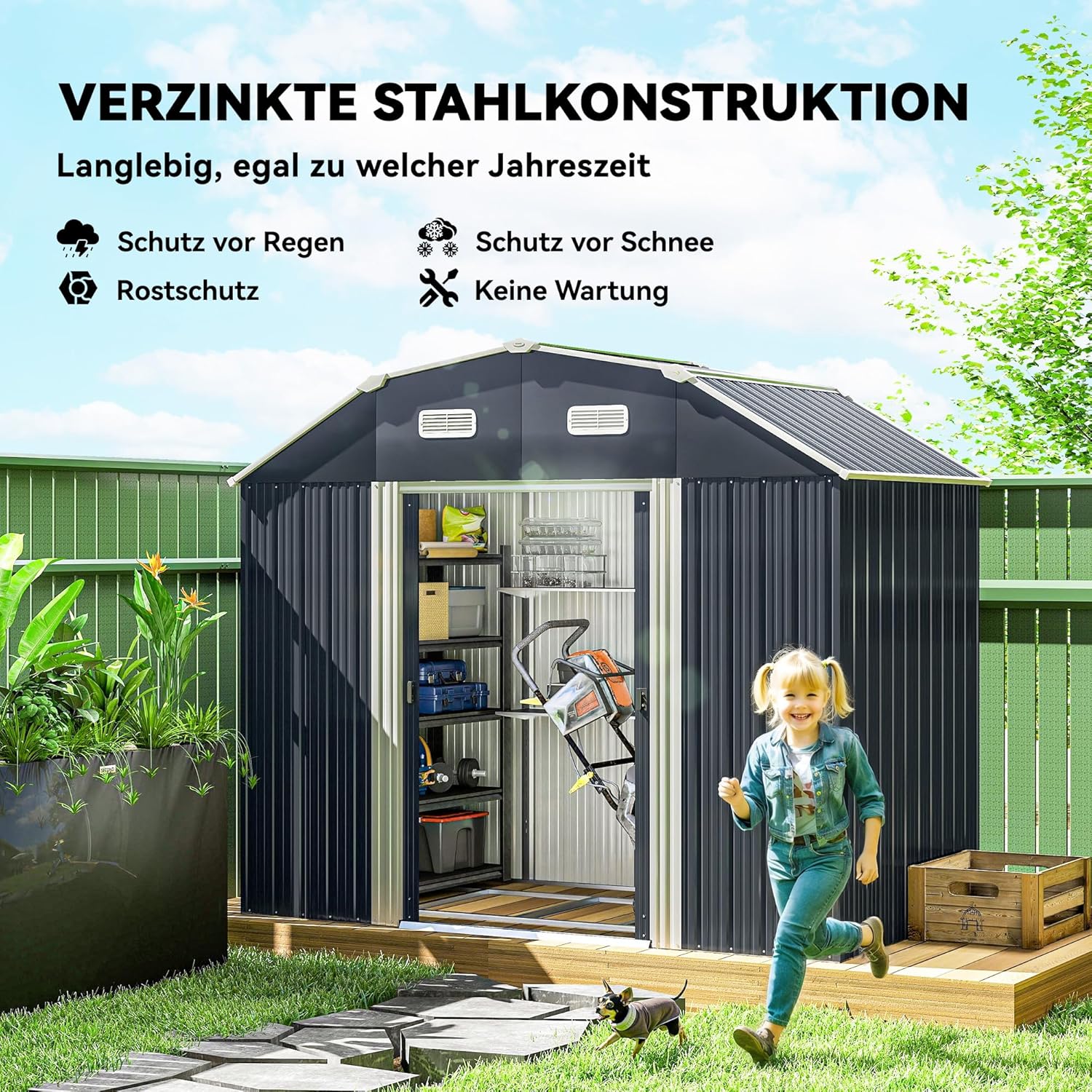 Outsunny Gerätehaus aus Stahl, 2,7 m² Geräteschuppen mit Regal, Schloss, UV-Schutz, Gartenschuppen mit 2 Schiebetüren Fundament, 238 x 132 x 198,5 cm, Dunkelgrau