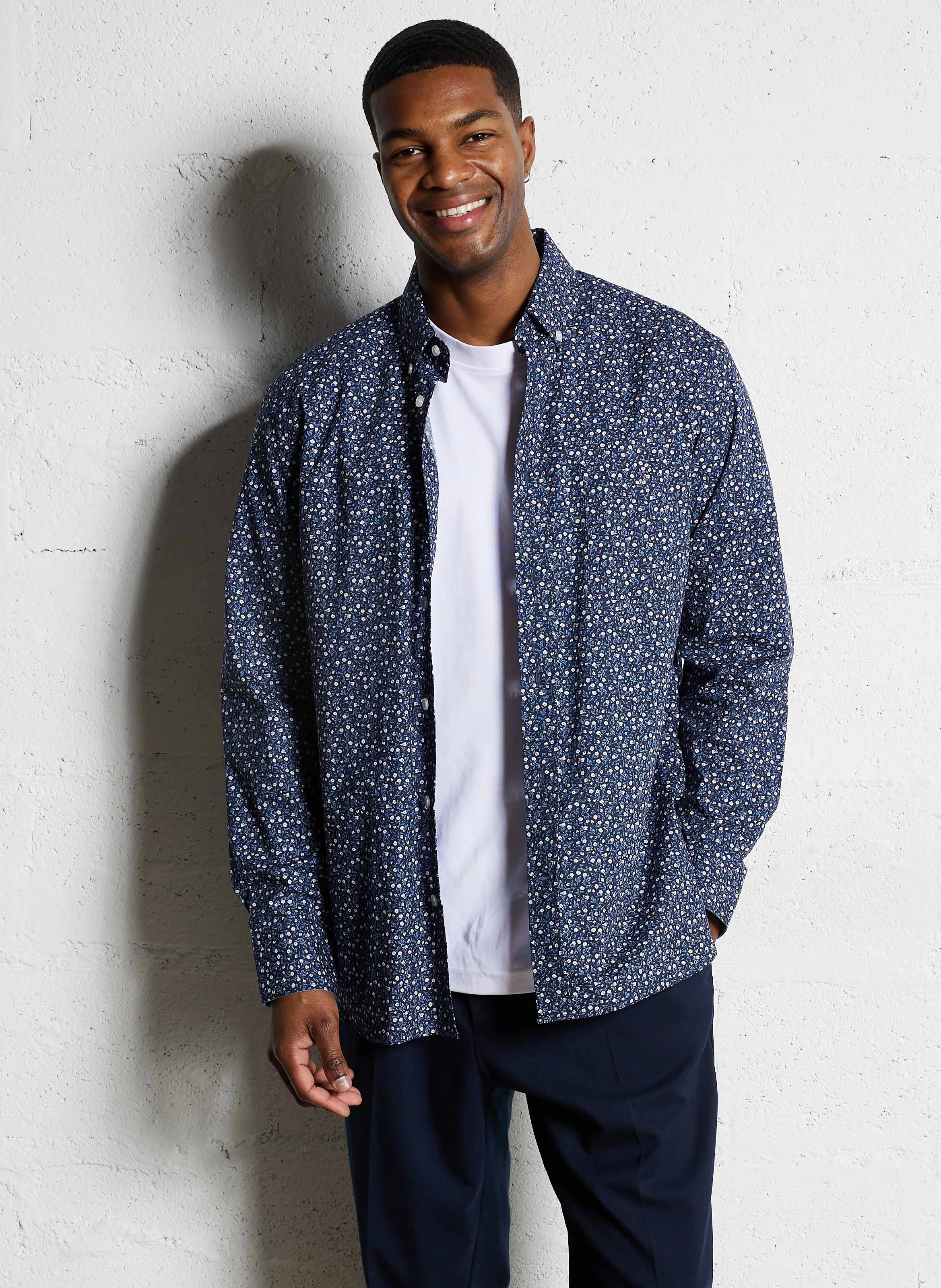 Chemise col classique droite en coton imprimée | Bleu