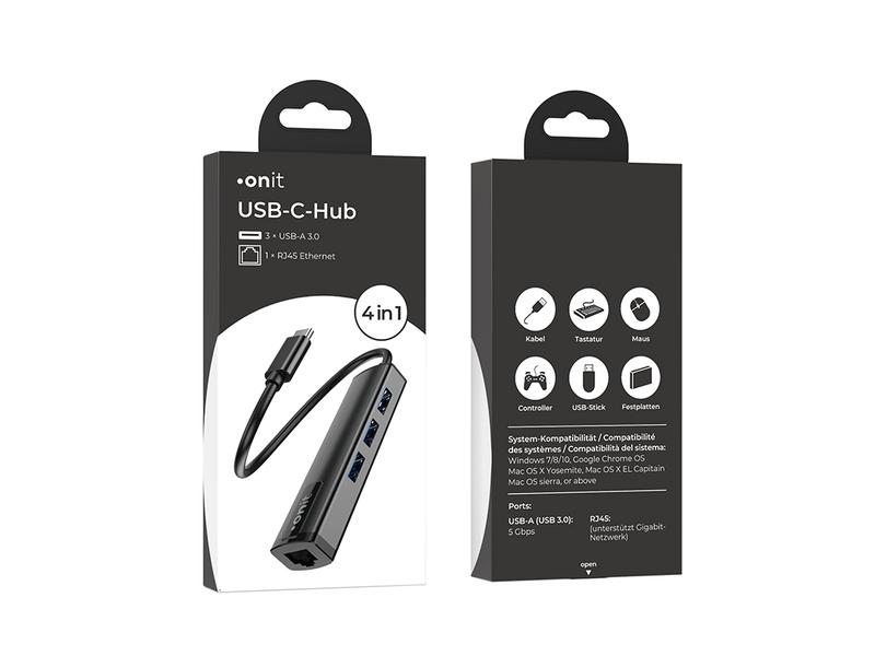onit USB-C-Hub 3A1RJ45 USB Typ-C Leichter und kompakter Hub mit 3 USB-A-Ports und 1 RJ45-Port