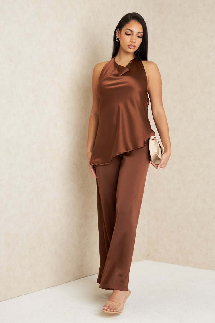 Ensemble 2 pièces top + pantalon satiné marron