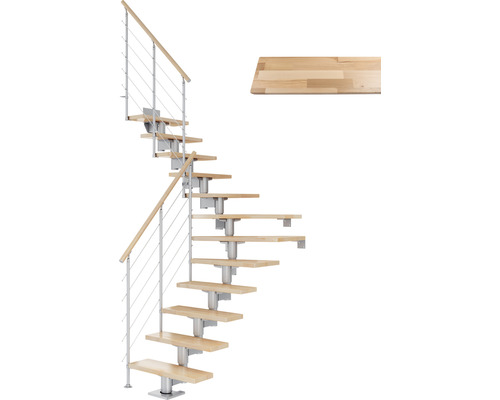 Pertura Chiron middentrap, parelgrijs, kwartslag, links/rechts onder, leuning 75 cm, beuken gelamineerd hout, gelakt, 11 treden / 12 stootborden