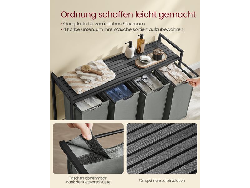 VASAGLE Wäschekorb  mit Ablage 4 x 40 l, Grau/Schwarz Wäschesammler