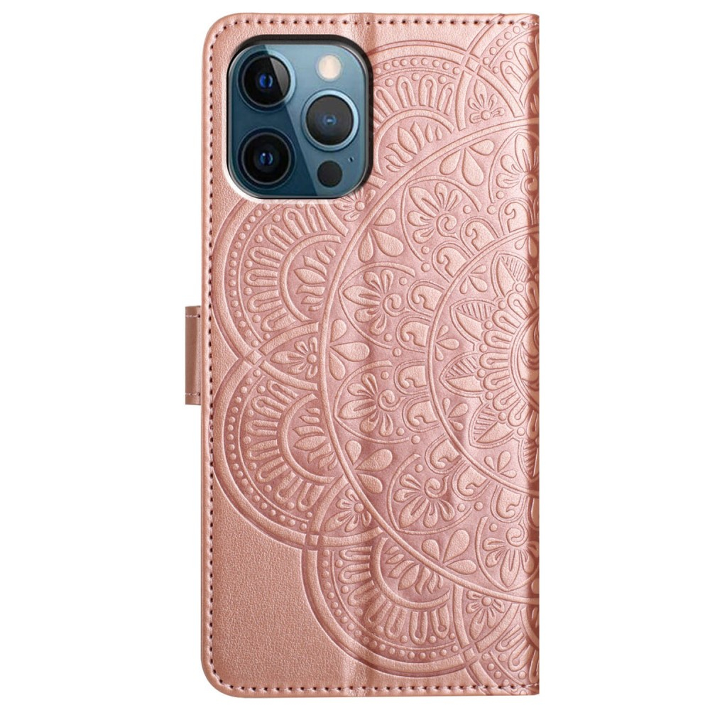 iPhone 16 Pro Max Leder Tasche Wallet - Mandala Flowers Imprint - Roségold