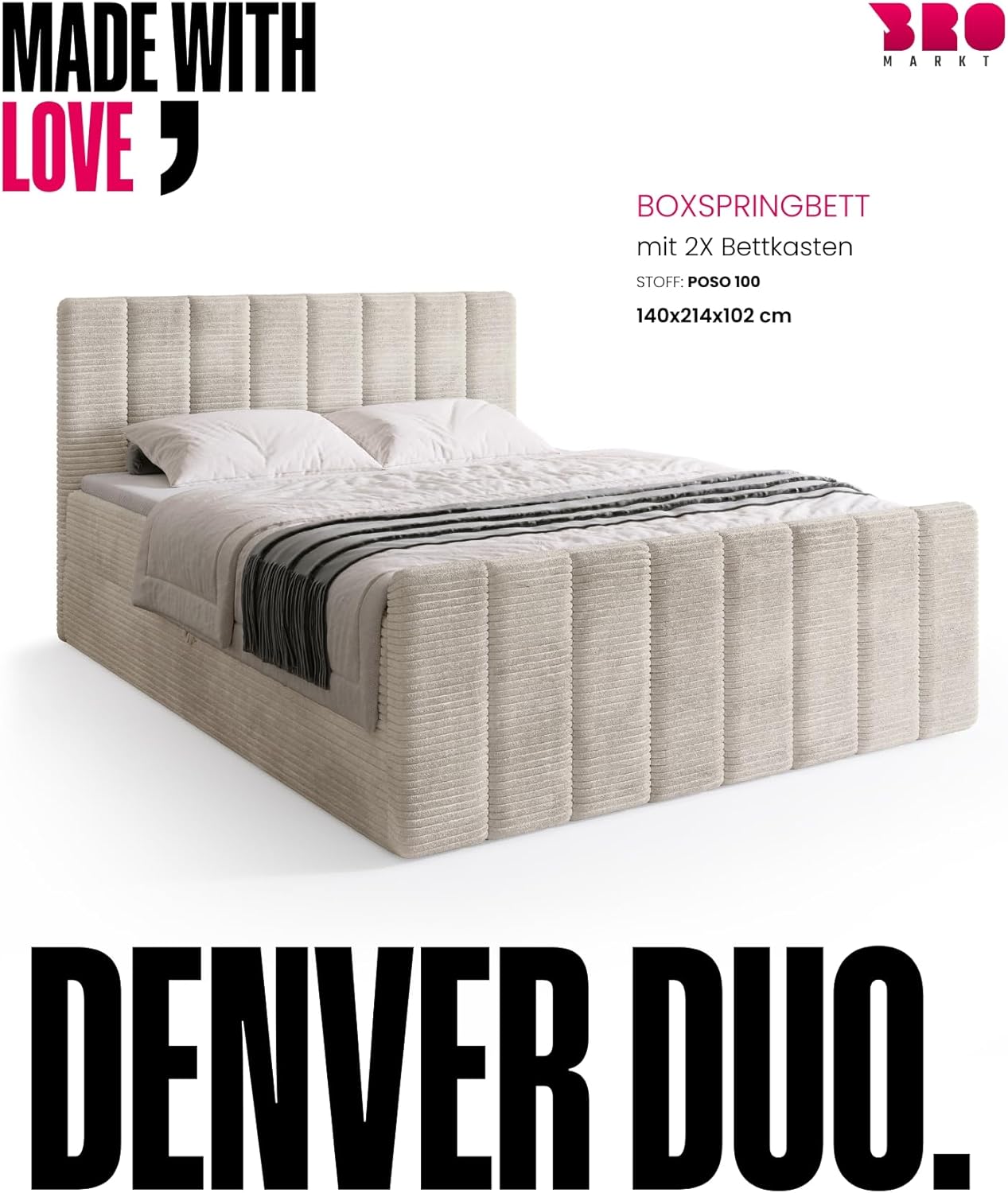 BROMARKT Boxspringbett mit Matratze Bett 140x200 Vanille Doppelbett mit Topper Boxbett mit Stauraum Polsterbett mit Bettkasten Kopfteil Denver Duo Härtegrad H3 Cordstoff