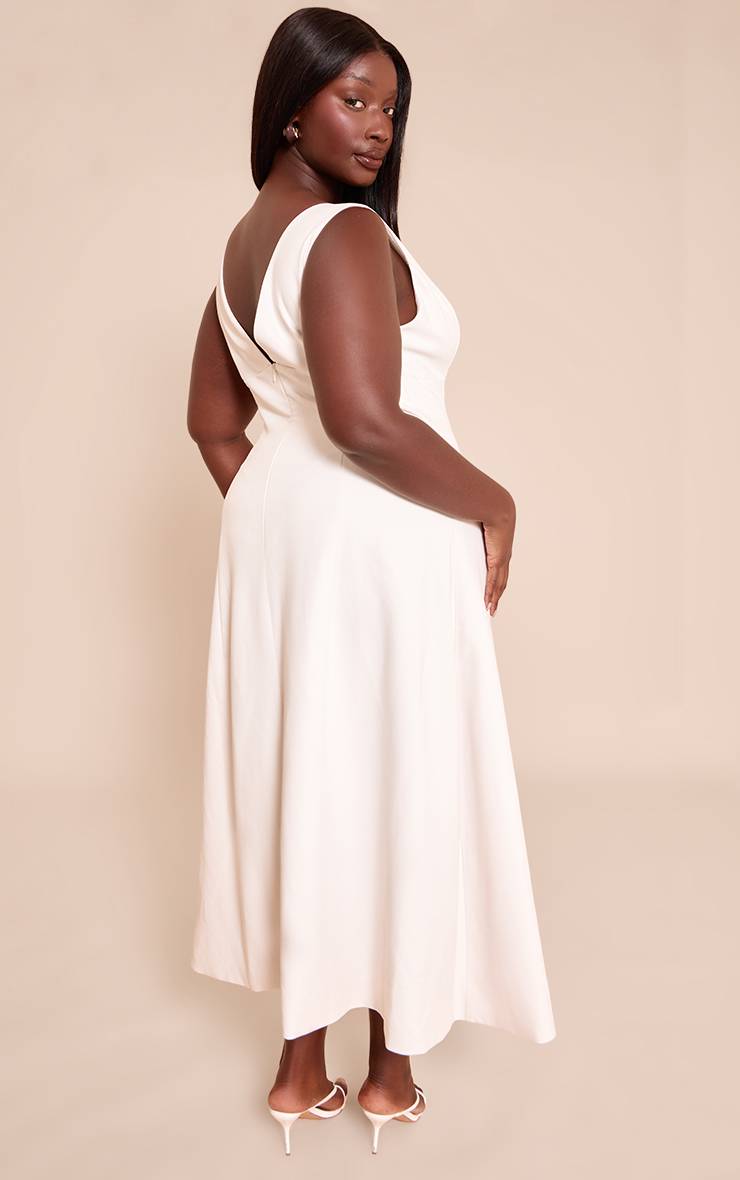 Crème Robe Mi-longue Cintrée Tissée À Décolleté Plongeant Et Boutonnage Grande Taille