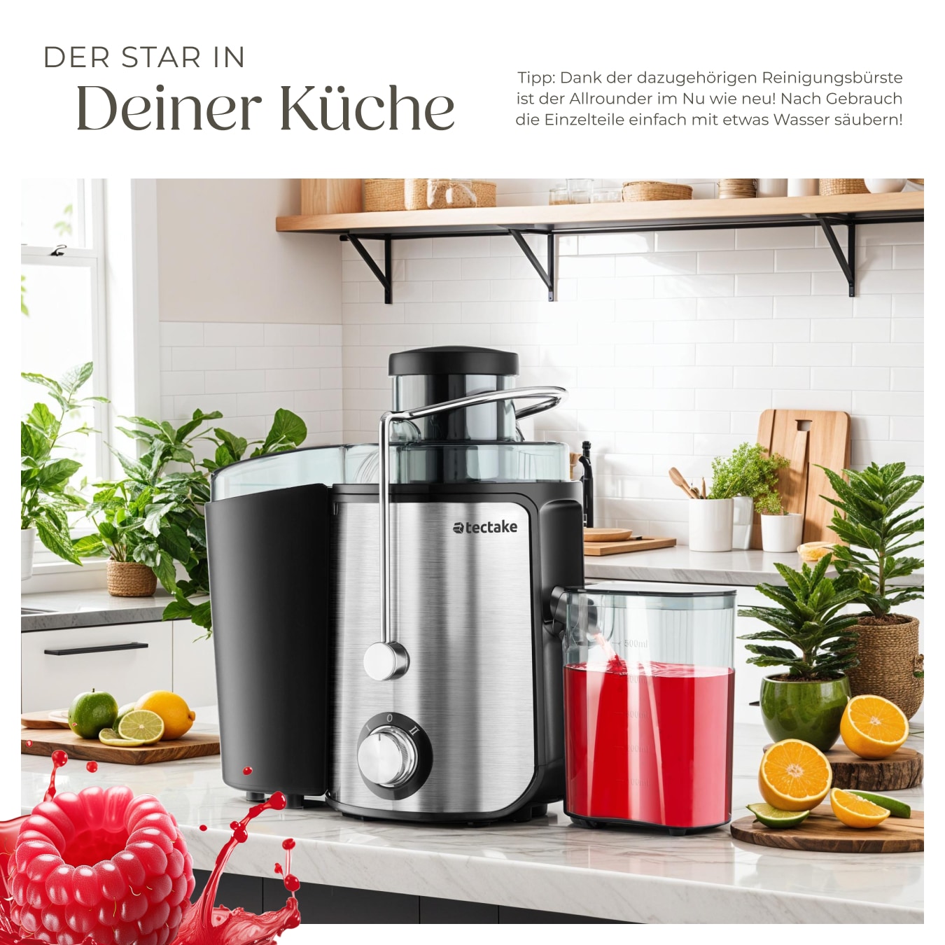 tectake® Entsafter, 600 W, 500 ml Fassungsvermögen, Edelstahlgehäuse, rutschfeste Gummifüße, 18 x 26 x 28,5, GS-Zertifikat