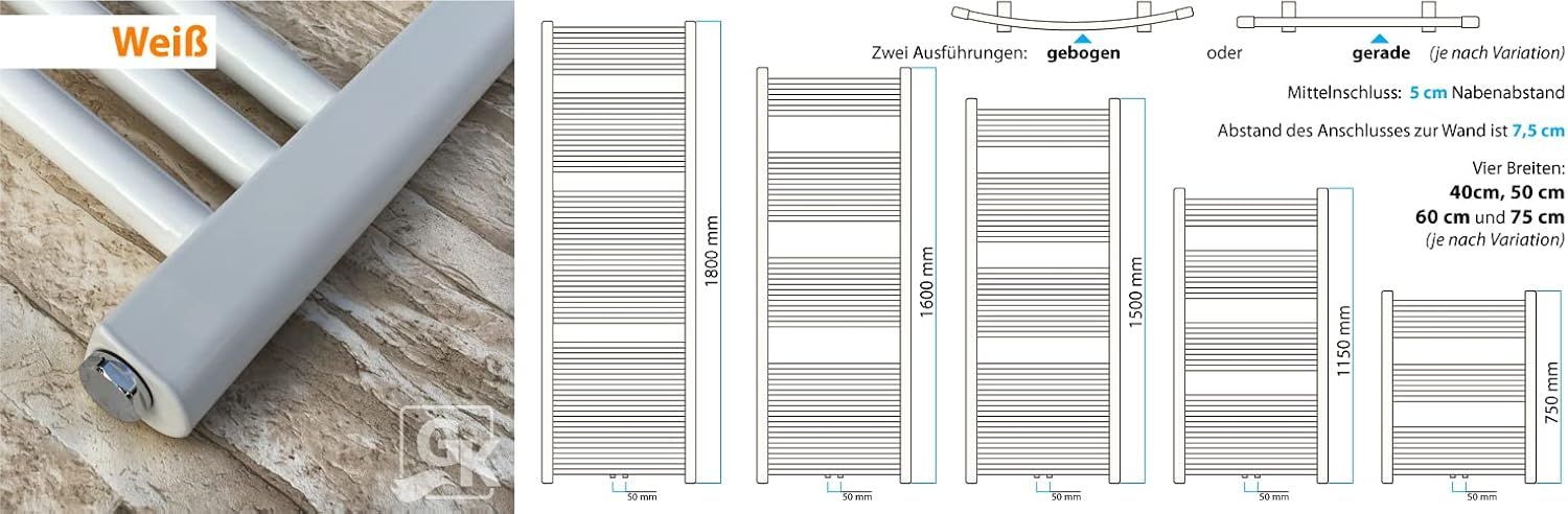 Badheizkörper 1500 x 600 mm in Weiß gebogen Hochwertiger Handtuchheizkörper Handtuchwärmer