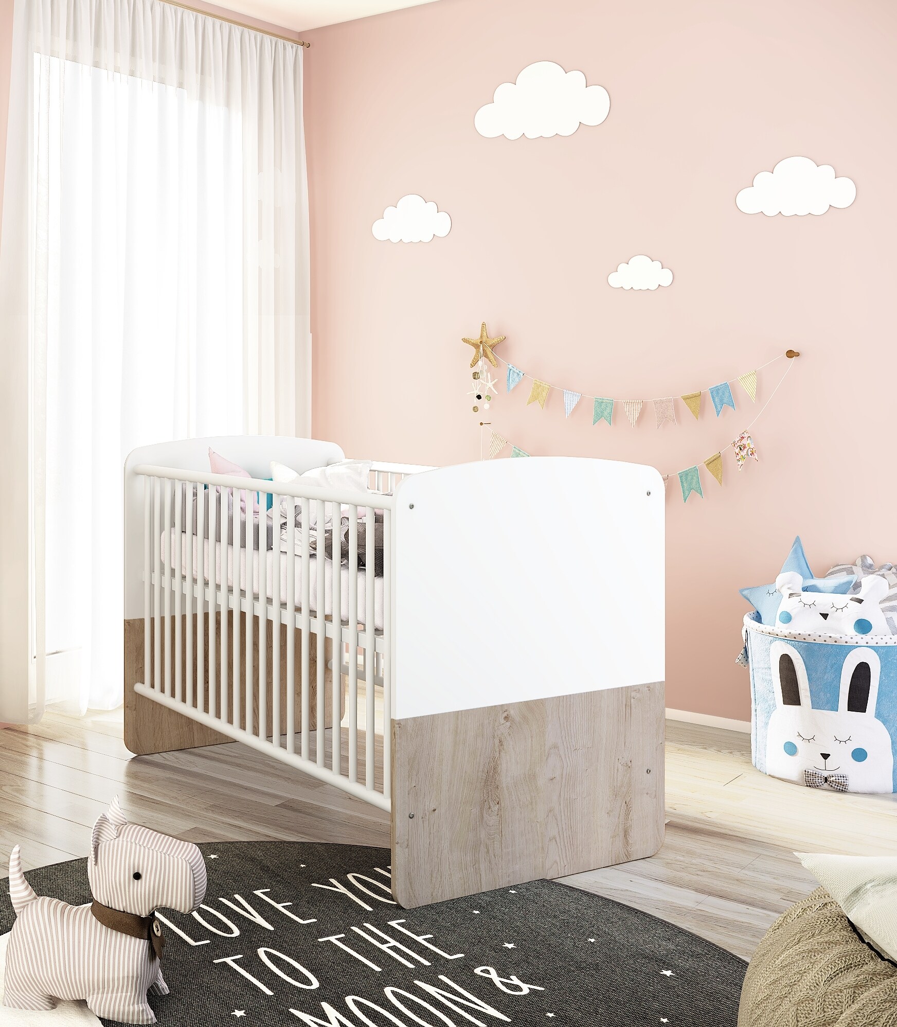 nonjoo. Babyzimmer Lani Babybett 70 x 140 cm, Liegehöhe verstellbar, 3 Schlupfsprossen
