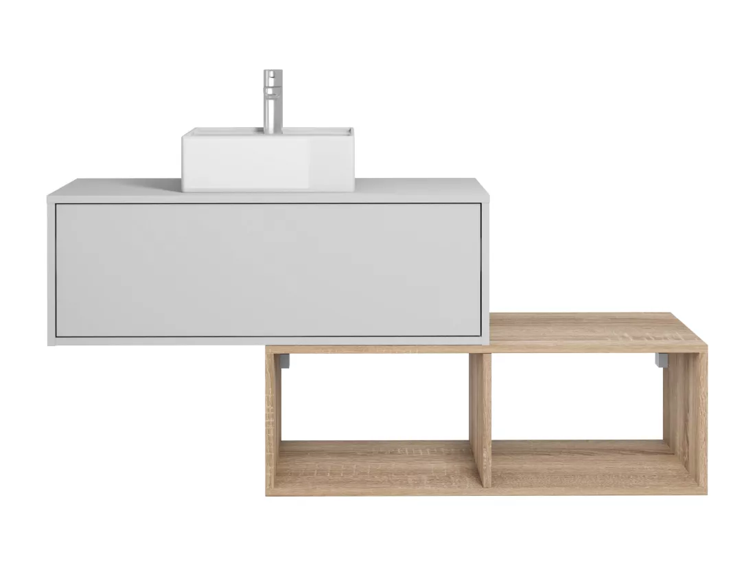 Meuble de salle de bain suspendu avec vasque carrée - 1 tiroir blanc et 2 niches naturel clair - 94 cm - TEANA II