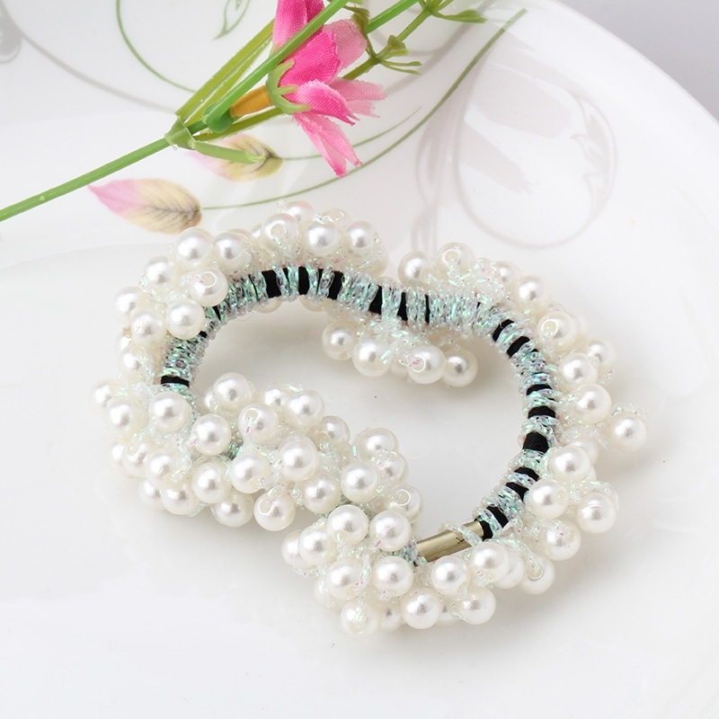 (2er Set) Scrunchies Elastischer Haargummi Haarschmuck Haarband Perlen - Weiss