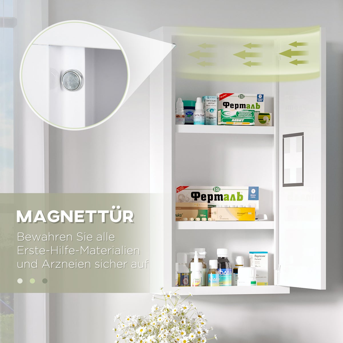 Kleankin medicijnkastje, EHBO-kastje, apothekerskast met 3 binnenvakken, medicijnkastje met magneetsluiting, medicijnkastje met handgreep, staal, wit, 30 x 12 x 60 cm