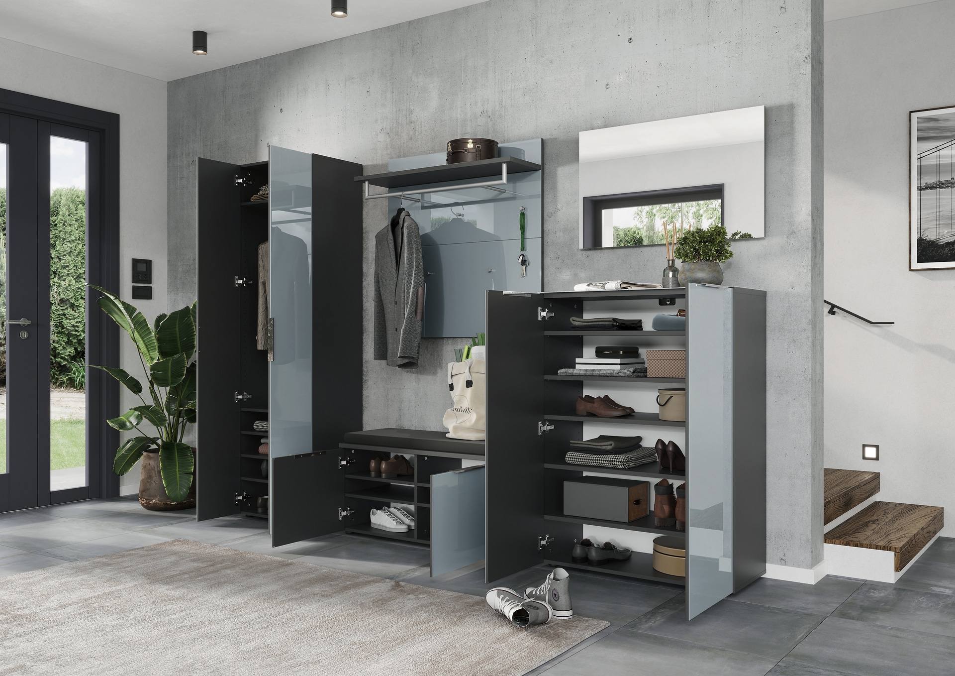 Garderobenschrank LEVIN 59 x 197 cm Glasfront Silbergrau/Graphit