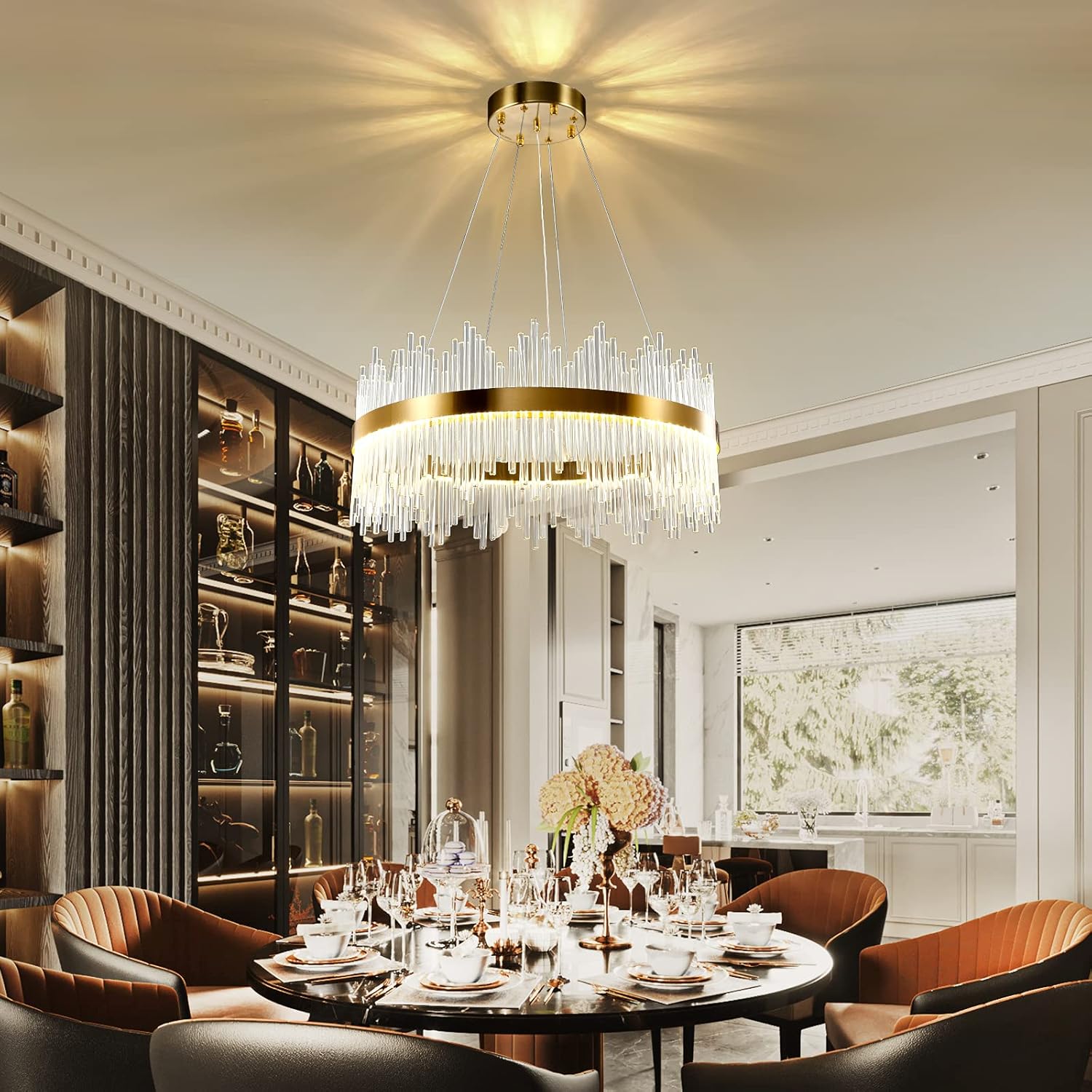 Modern Kristall Pendelleuchte Gold Kronleuchter, Kristall Lampe Rund Hängeleuchte, Häengelampe für Wohnzimmer, Esszimmer,Schlafzimmer, Restaurant,Φ60cm