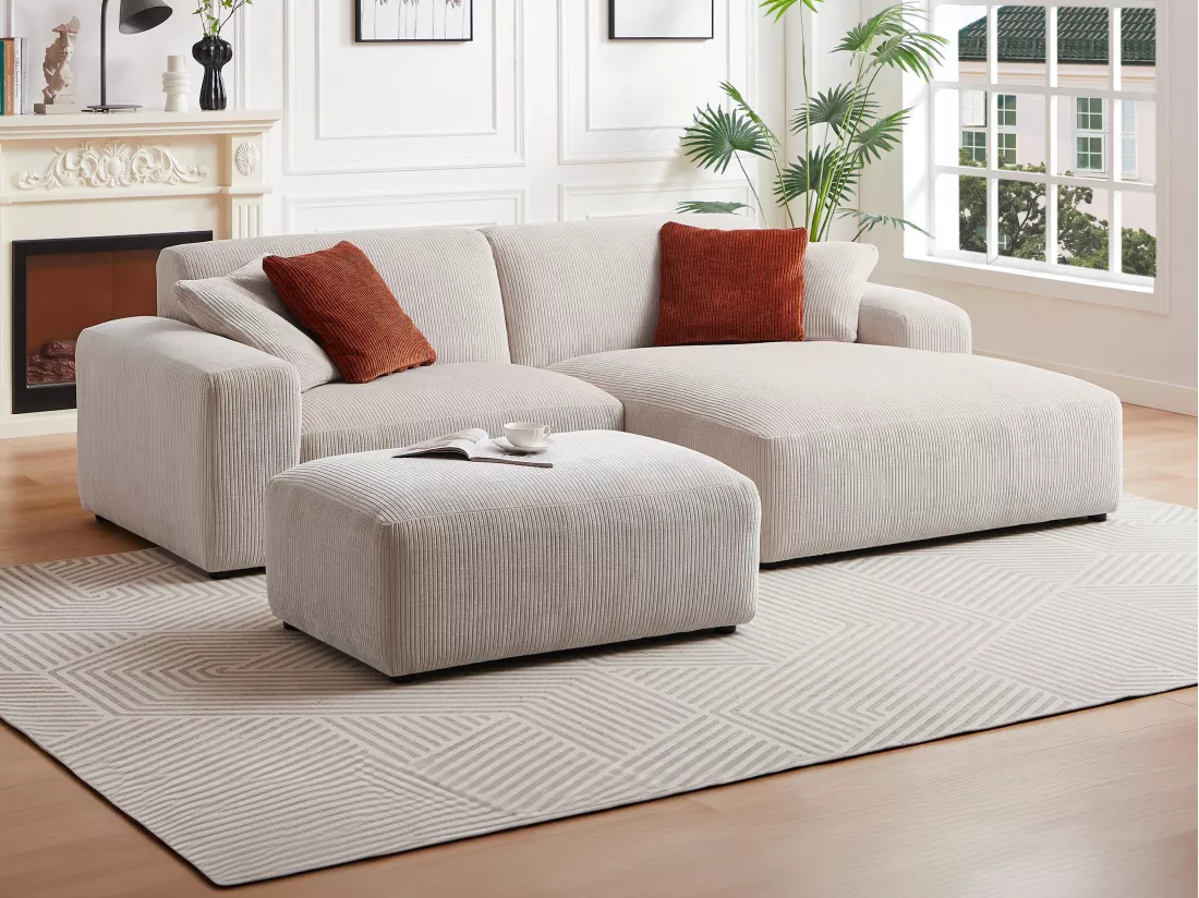 Canapé d'angle droit et pouf en velours côtelé beige TIRONO de Maison Céphy