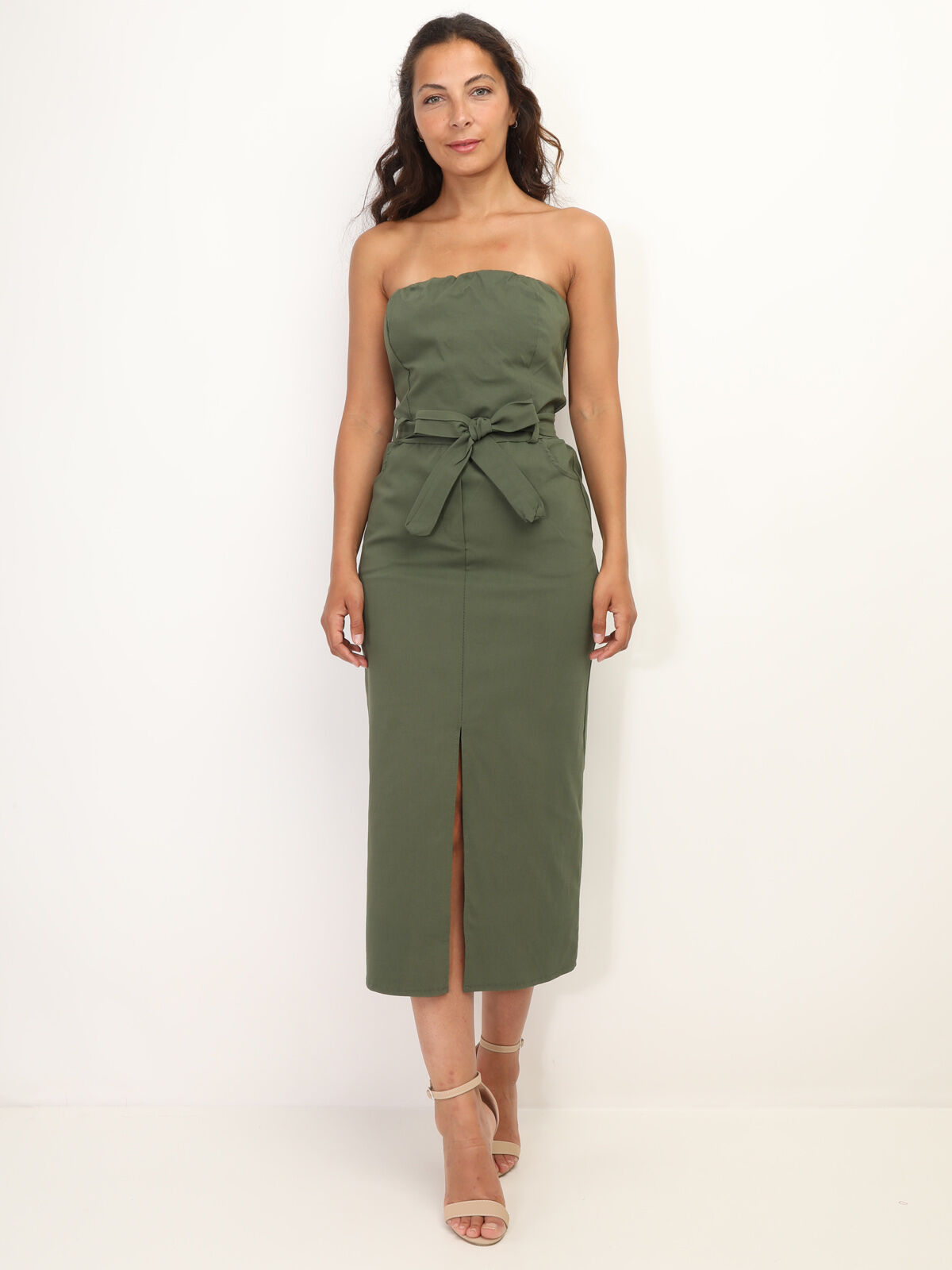 Robe bustier ceinturée à fente- Kaki