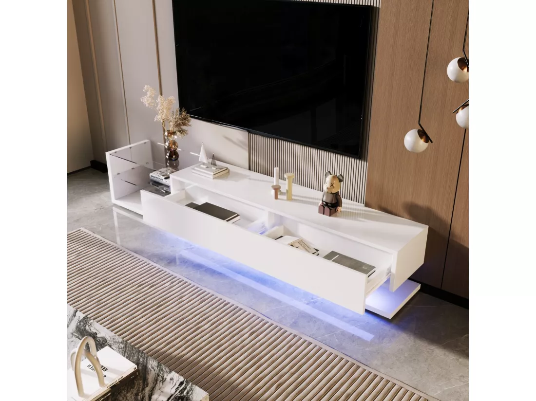 Meuble TV 2 tiroirs et 2 étagères en verre, panneaux bas, avec LED variable, charge max 50kg, 170x36x38cm, Blanc