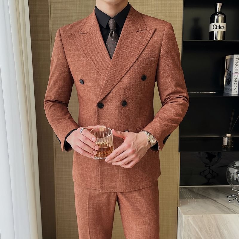 Sheck - Set: Peak Lapel Melange Double-Breasted Blazer + V-hals Vest + Mid Rise Straight Leg Dress Pants