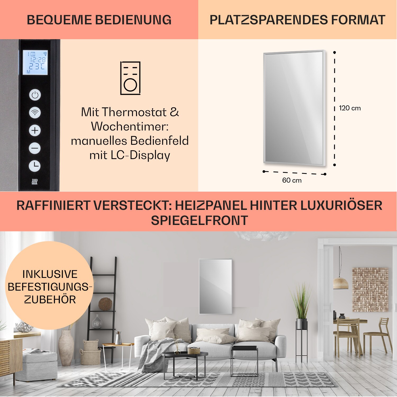 La Palma 1000 smart 2-in-1 Heizgerät Infrarot Konvektor 120x60cm 1000W Spiegel