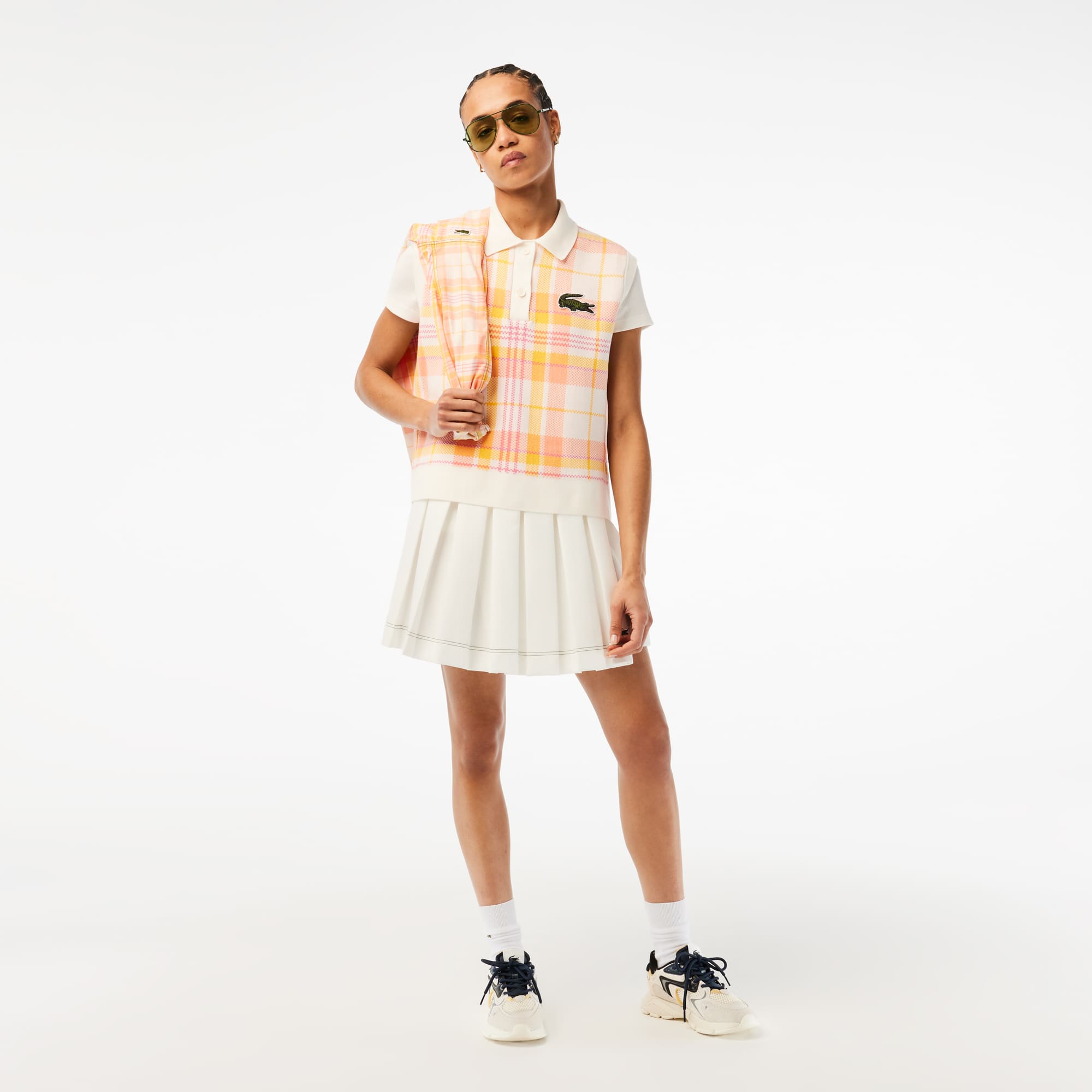Polo sans manche à carreaux femme Lacoste en coton biologique Pullovers - Blanc - Lacoste - Femme