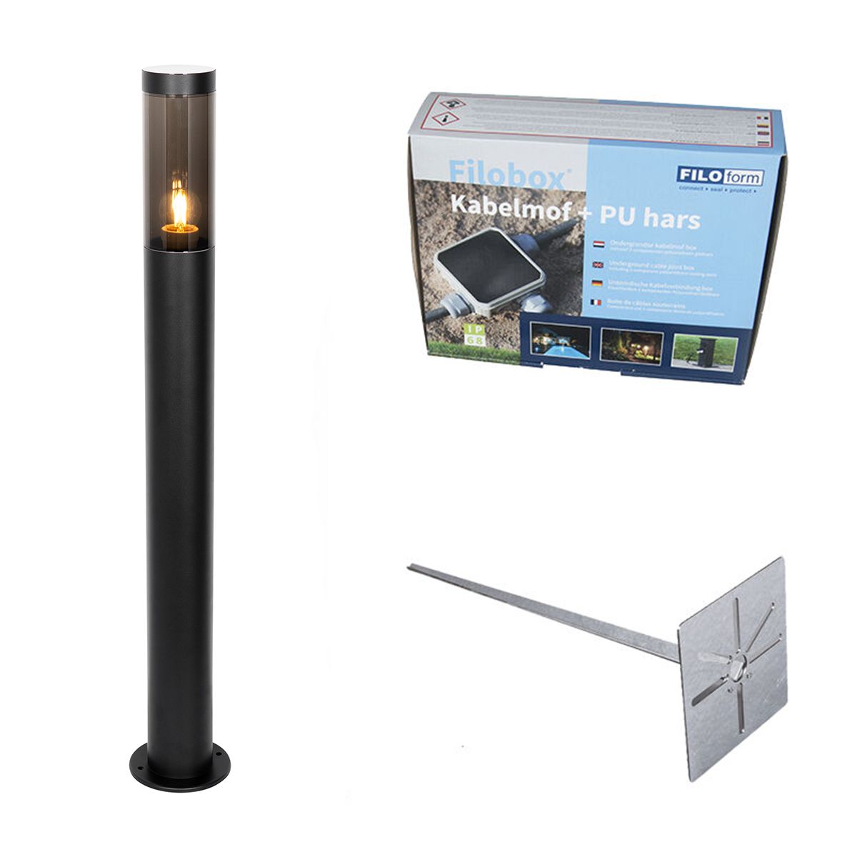 Buitenlamp zwart met grondpin en kabelmof 80cm IP44 - Rox