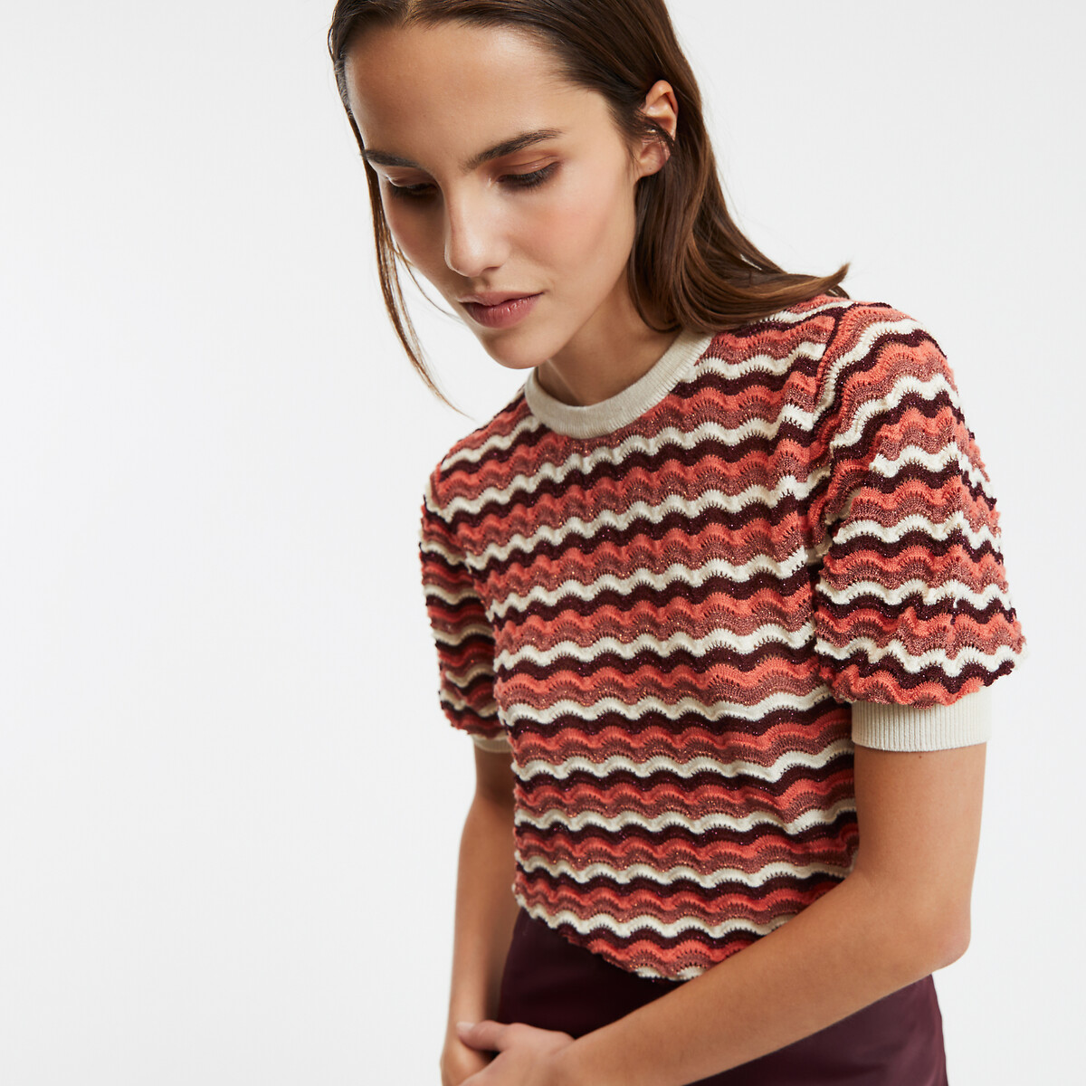 COLEÇÕES LA REDOUTE<br>Suéter com gola redonda e mangas bufantes, em crochê