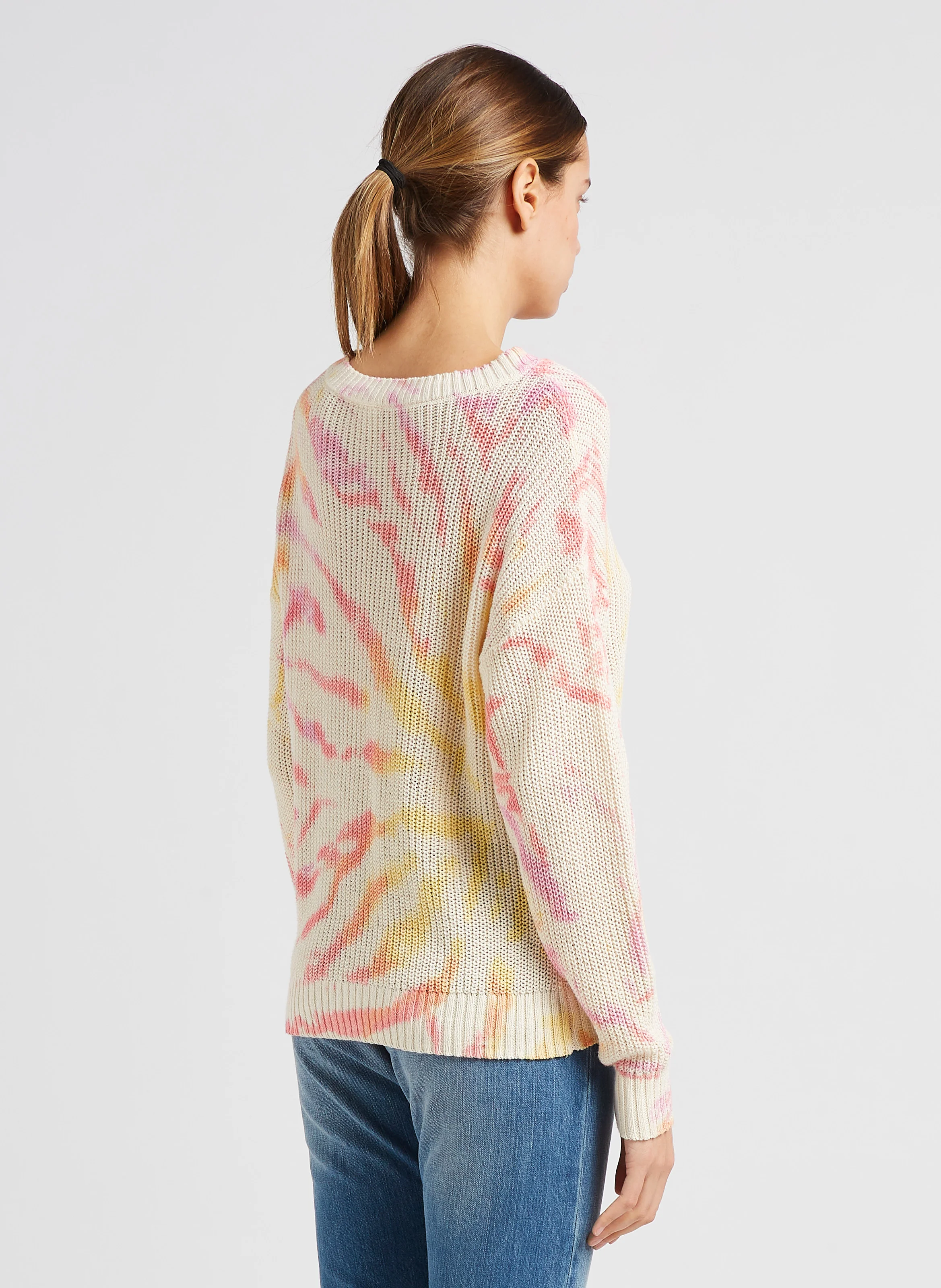 Pull col rond jacquard en coton| Beige