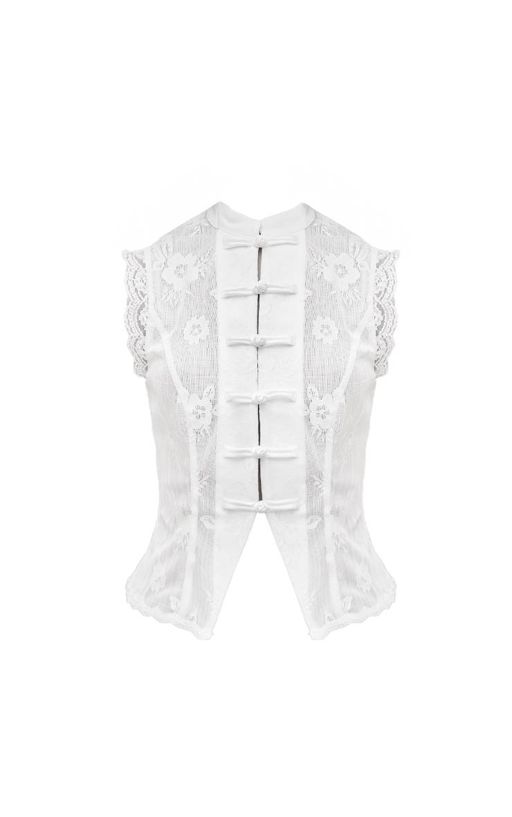 Blanc Gilet Sans Manches Col Montant À Détails Floraux Transparents Avec Boutonnage
