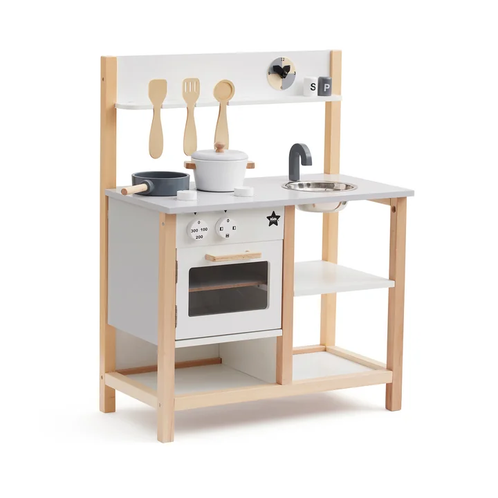Kids Concept - Bistro Spielküche mit Zubehör, 55 x 30 x 73 cm, weiss / natur (11er-Set)
