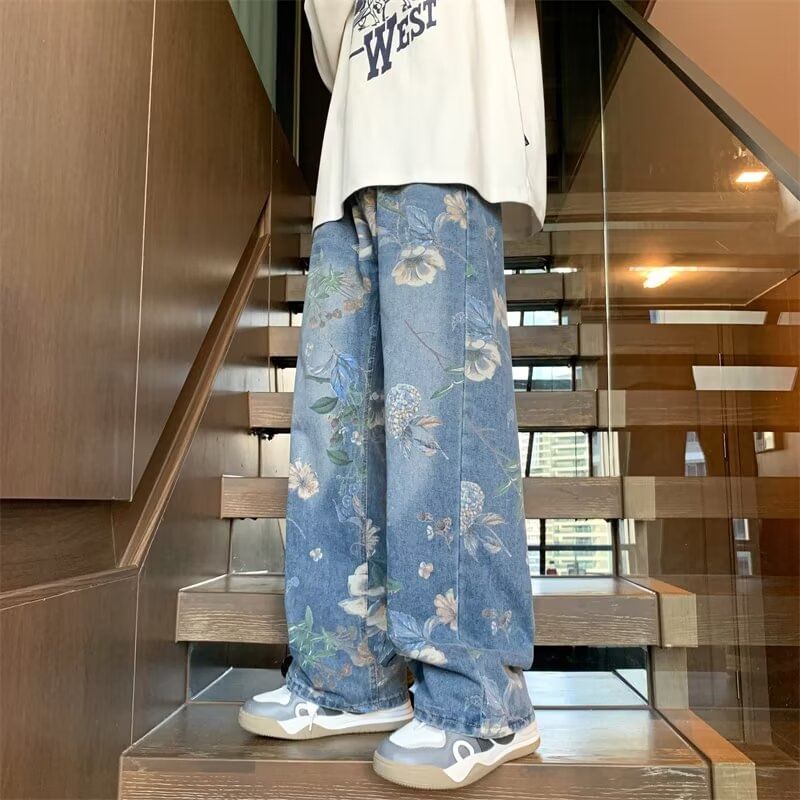 Notica - High Rise Floral Print Washed Wide Leg Jeans