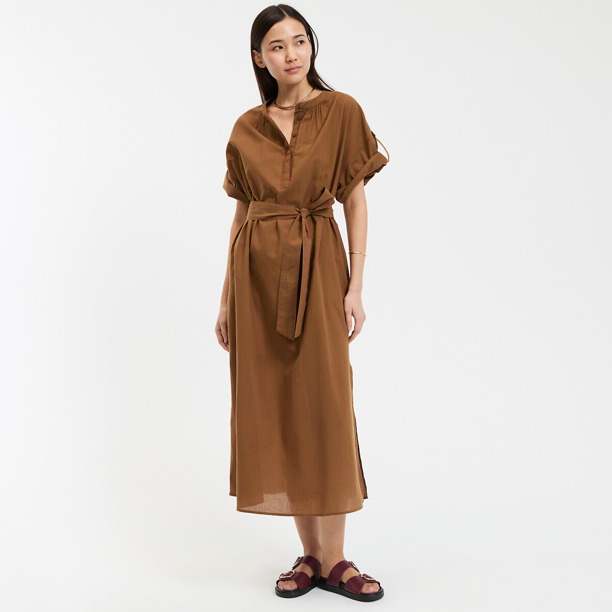 COLEÇÃO LA REDOUTE<br>Vestido maxi listrado com decote redondo e mangas 3/4
