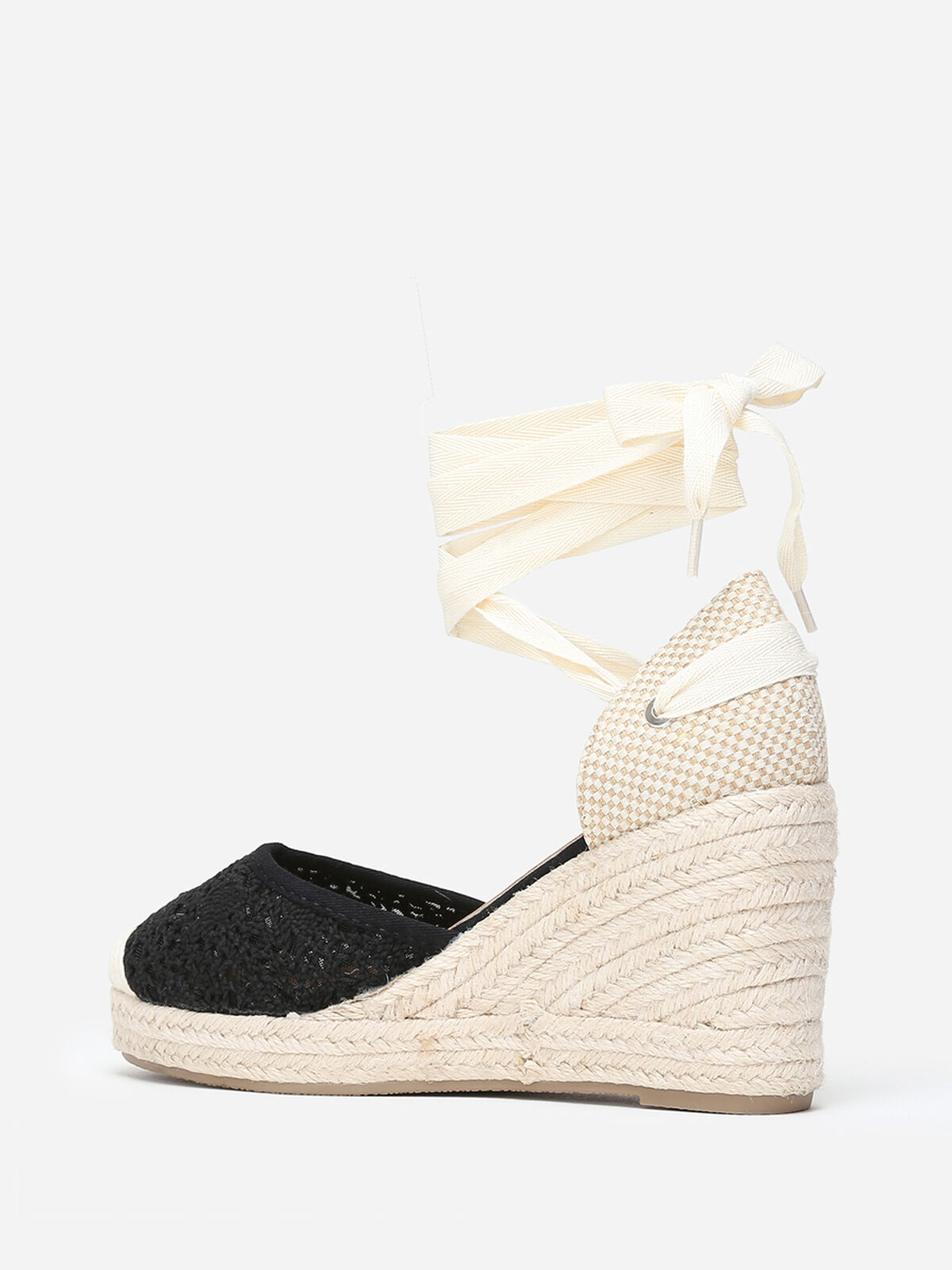 Espadrilles compensées dentelées à nouer- Noir