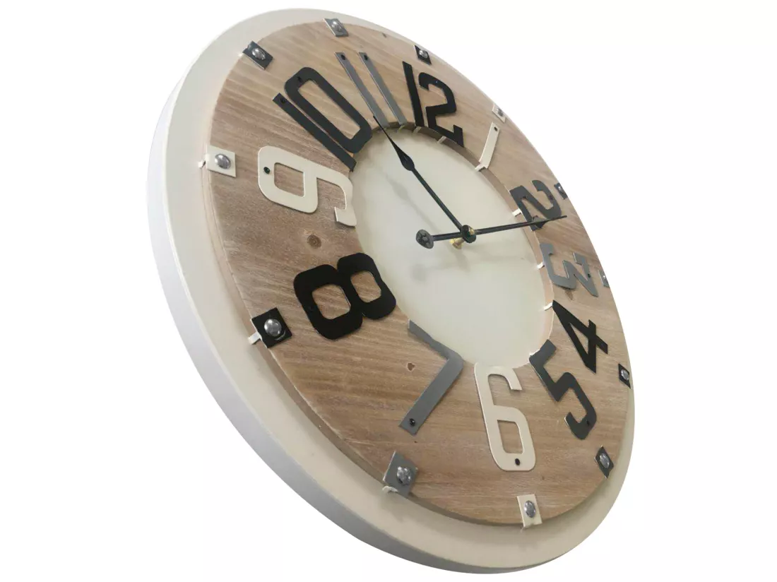 Horloge De Décor Chambre Ronde Bois Metal Beige Marron 50x50x4,5