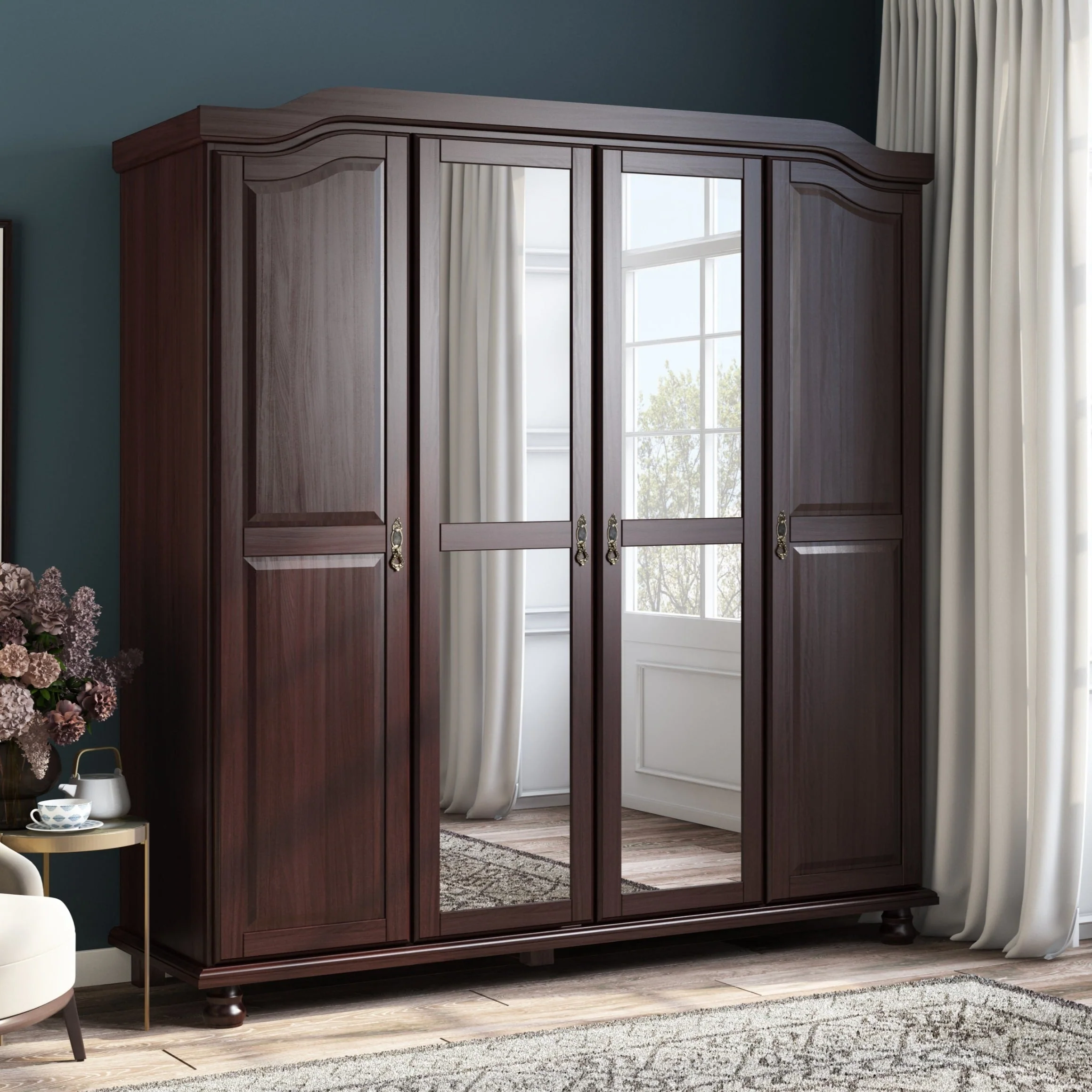Palace Imports 100% Solid Wood Kyle 4-Door Wardrobe Armoire with Solid Wood or Mirrored Doors