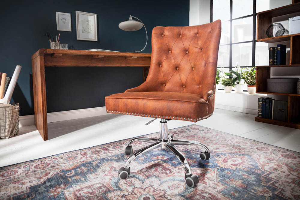 Höhenverstellbarer Bürostuhl VICTORIAN vintage hellbraun mit Chesterfield-Steppung